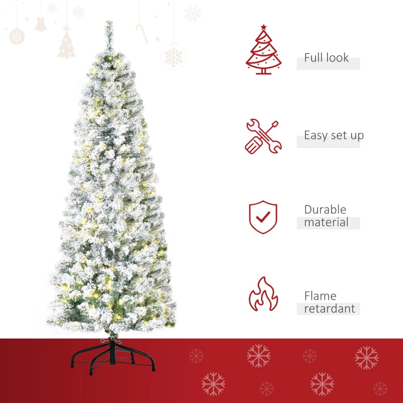 6FT Prelit Snow Flocked Christmas Tree with Warm White LED Lights - Festive Holiday Home Decoration in Green & White