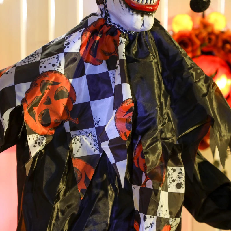 183 cm Life Size Animated Clown with Skull Staff - Scary Halloween Decoration with Light Up Eyes & Sound Activated Movement