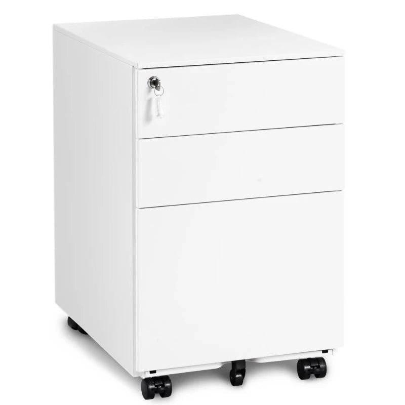 Lockable Mobile File Cabinet - 3 Drawer Steel Pedestal on 5 Casters, Secure Storage with Keys, 39x52x60 cm, White