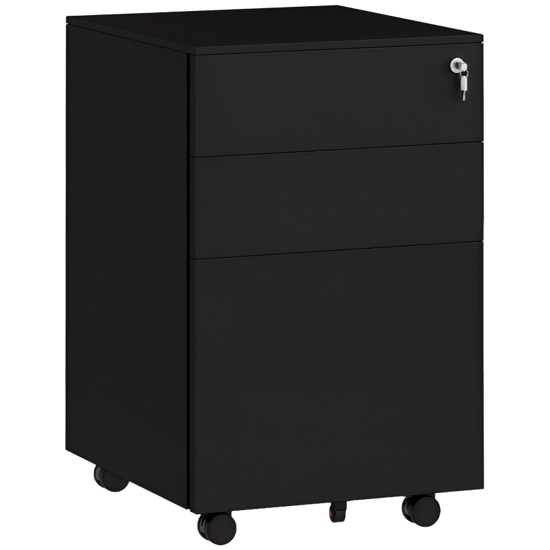Vinsetto 3-Drawer Vertical Filing Cabinet - Mobile Steel File Cabinet with Lock, Pencil Tray & 5 Wheels, Pre-Assembled, Black