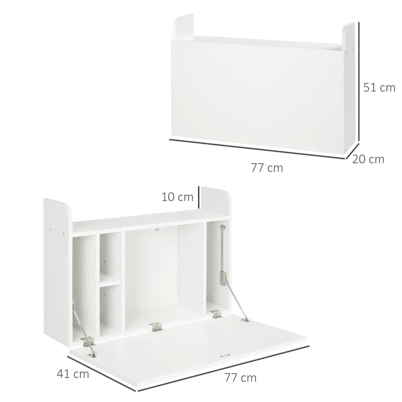 Wall Mounted Drop Leaf Laptop Desk with Storage - Space Saving Home Office Table, 77cm x 20cm x 51cm, White