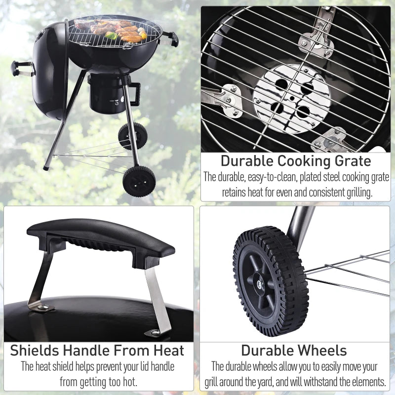 Black Steel Charcoal BBQ Grill with Wheels