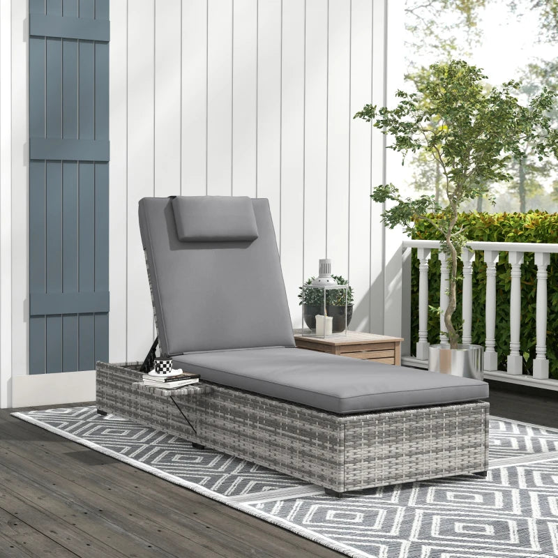 Grey Rattan Sun Lounger with Cushion & Tea Tray - 5-Level Reclining Outdoor Patio Furniture