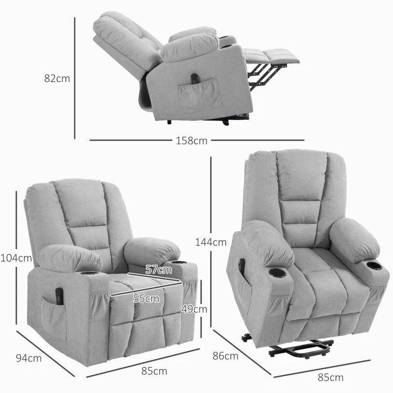Oversized Riser Recliner Chair for Elderly - Fabric Lift Chair with Remote, Side Pockets, Cup Holder, Light Grey