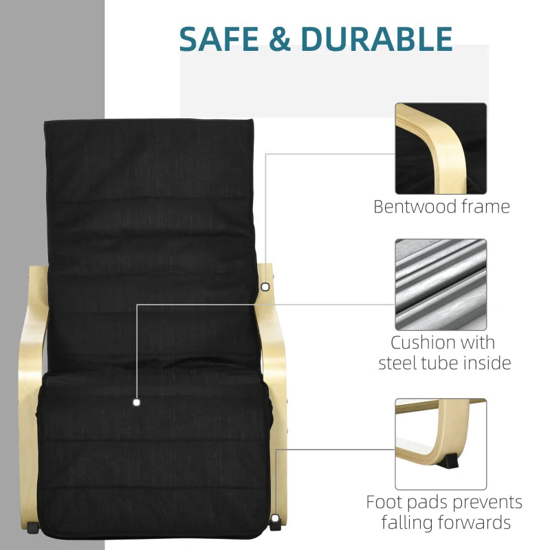 Wooden Reclining Lounge Chair with Adjustable Footrest and Removable Cushion Cover for Deck Relaxation, Black