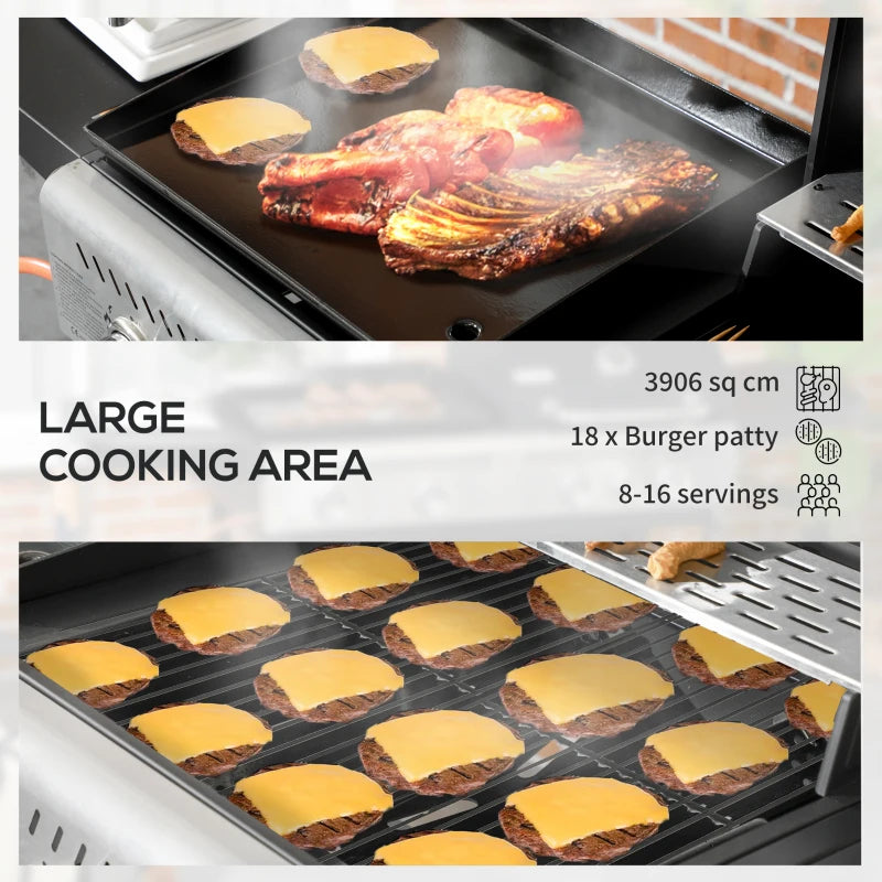 15kW Deluxe Gas BBQ with Grill, Plancha, Side Burner - Black