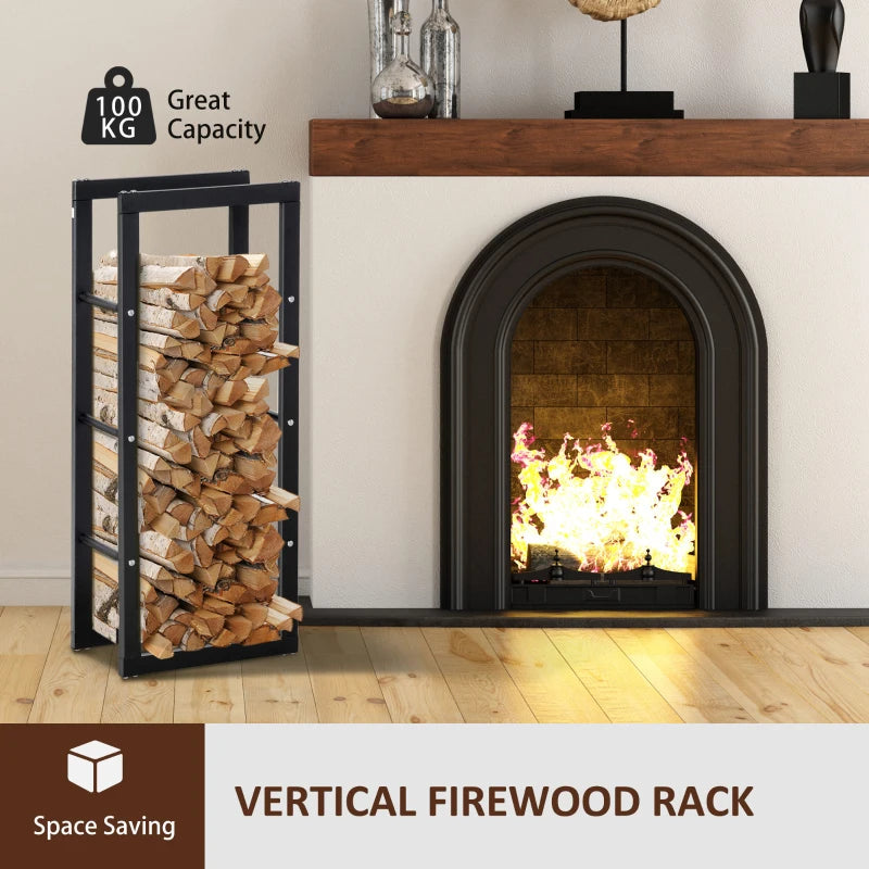 Tall Metal Firewood Log Holder Rack - Indoor/Outdoor Fireplace Wood Storage Shelf, Rust-Resistant, Black, 40W x 25D x 100H cm