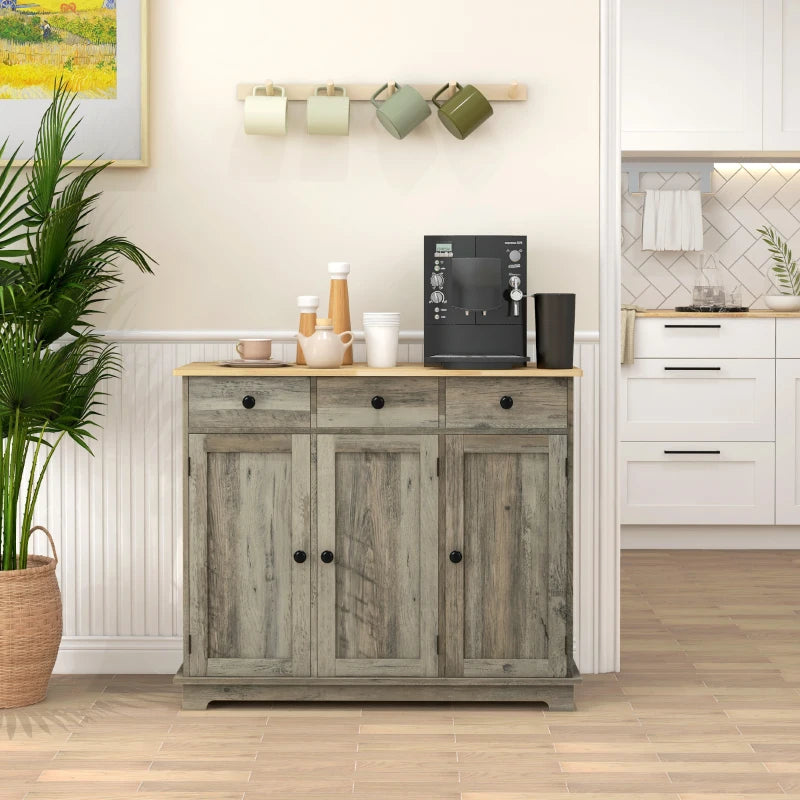 Modern Grey Wood-Effect Sideboard with Rubber Wood Top, 3 Doors, 3 Drawers & Adjustable Shelves - Stylish Storage Cabinet for Dining & Living Room