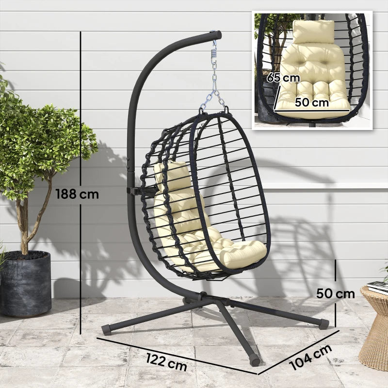 Rattan Hanging Egg Chair with Cushion, Adjustable Height, Steel Frame for Indoor Outdoor Use