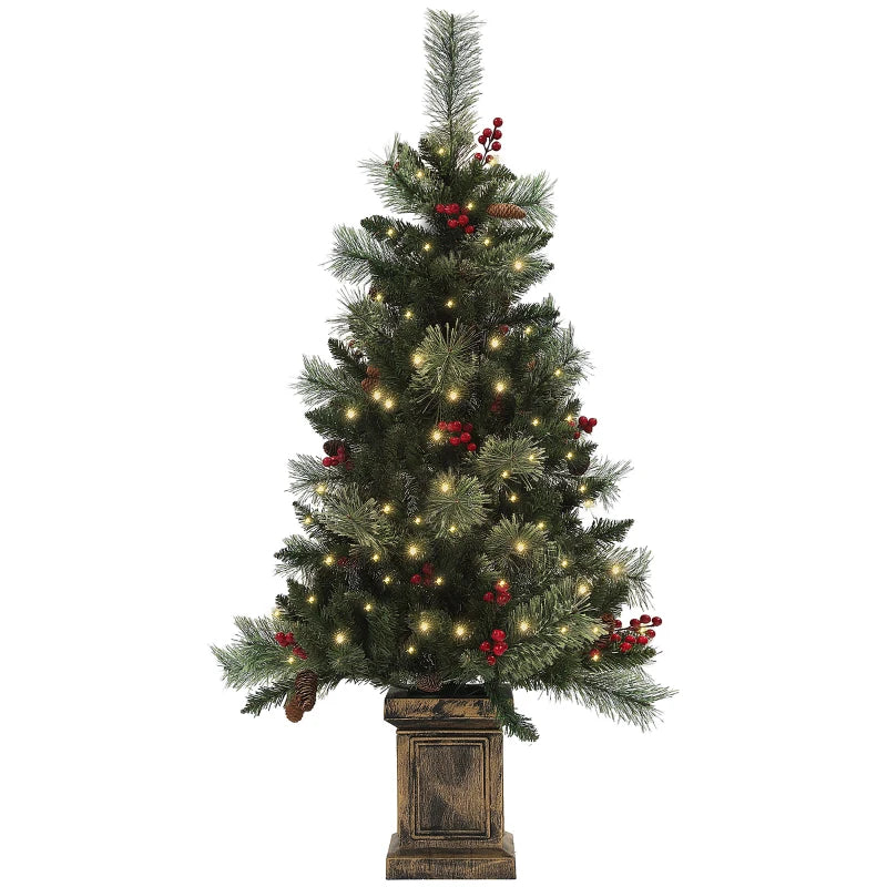 4ft Artificial Christmas Tree with 100 Warm White LED Lights, Red Berries & Pine Cones, 8 Modes, Retro Base