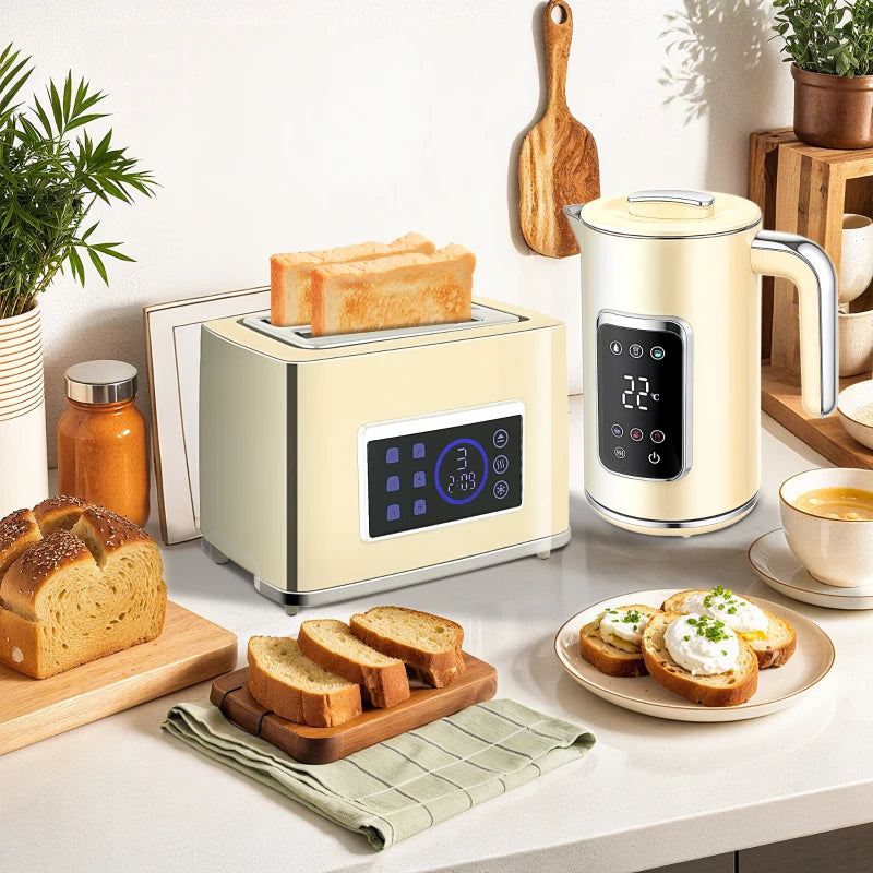 Premium Cream Touch Screen Kettle and Toaster Set - Stylish Kitchen Appliances for Modern Homes