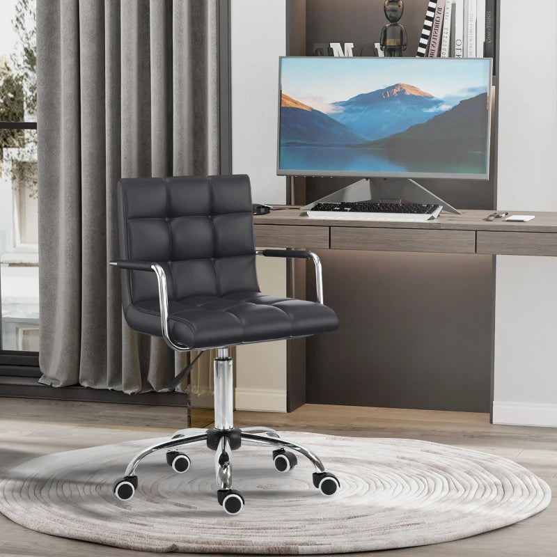 Vinsetto Black Makeup Vanity Chair - PU Leather Mid Back Office Chair with Adjustable Height, Armrests & Rolling Wheels