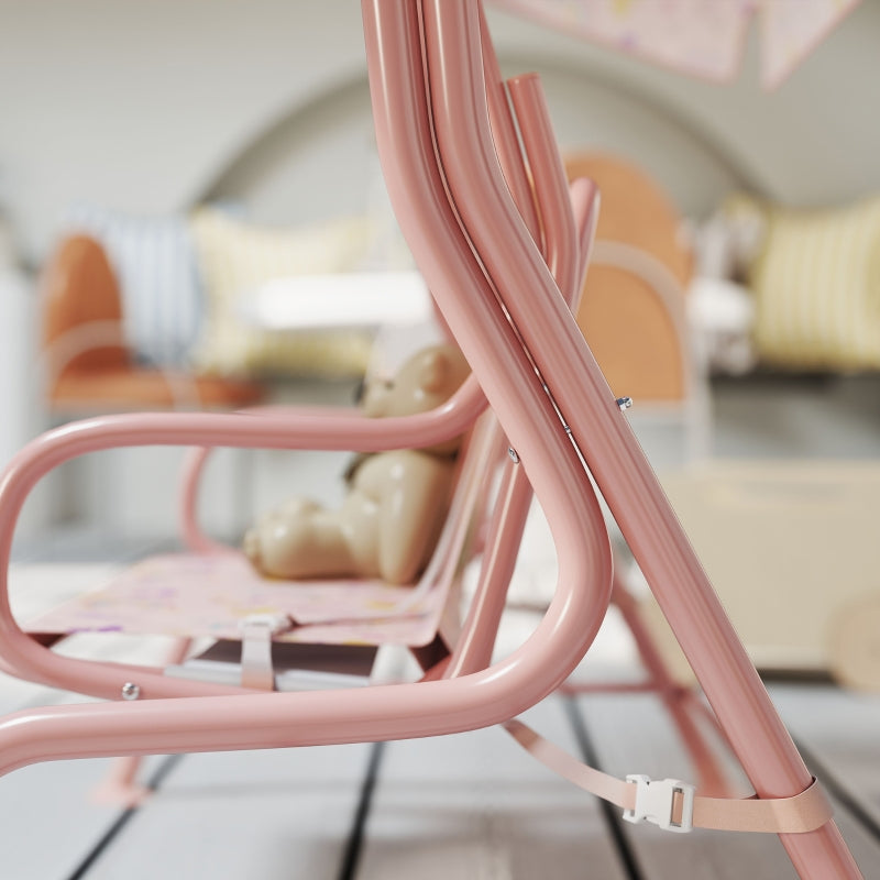 Kids Garden Swing Chair with Adjustable Canopy, Safety Belt, 2 Seater Hammock Swing Bench for Patio and Porch - Pink