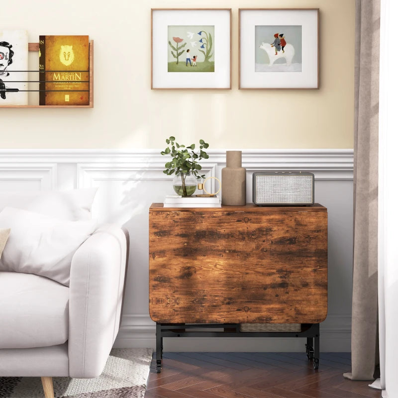 Rustic Brown and Black Six-Person Drop Leaf Dining Table - Space-Saving Design for Modern Homes