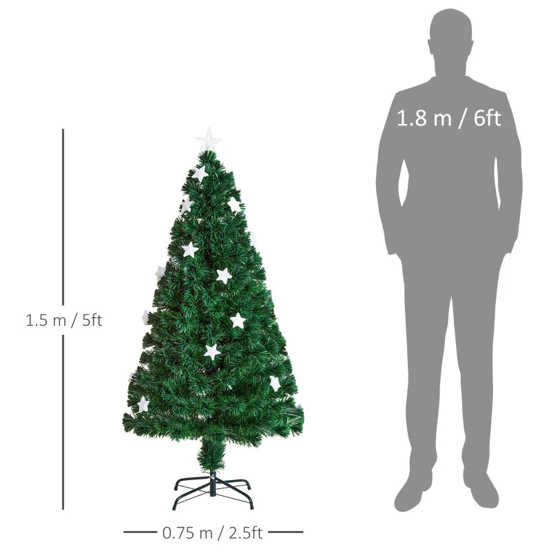 5FT Prelit Artificial Christmas Tree with Fibre Optic Star & LED Lights - Green Holiday Decoration for Indoor Parties