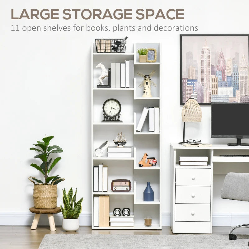 Modern 6-Tier Book Shelf with 11 Open Shelves - Freestanding White Bookcase for Home Office & Study
