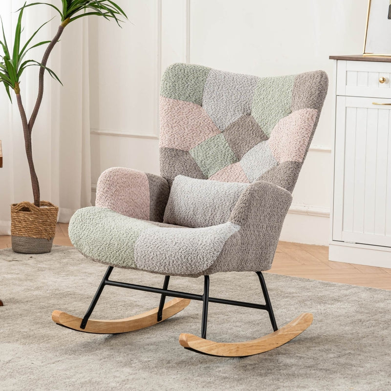 Stylish Rocking Garden Chair Set with Footstool and Pillow, Wingback Design, Solid Wood Legs, Blue and Grey