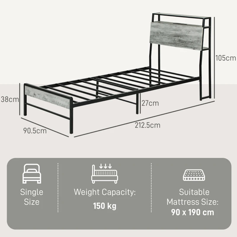 Modern Grey Single Steel Bed Frame with LED Lights & Headboard Shelf - Stylish & Functional Bedroom Furniture