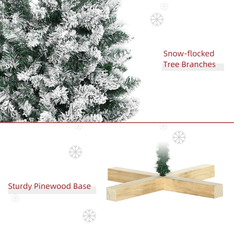 6 Ft Snow Flocked Artificial Christmas Tree - Realistic Pencil Tree with Auto Open & Pinewood Base - Green Xmas Decor