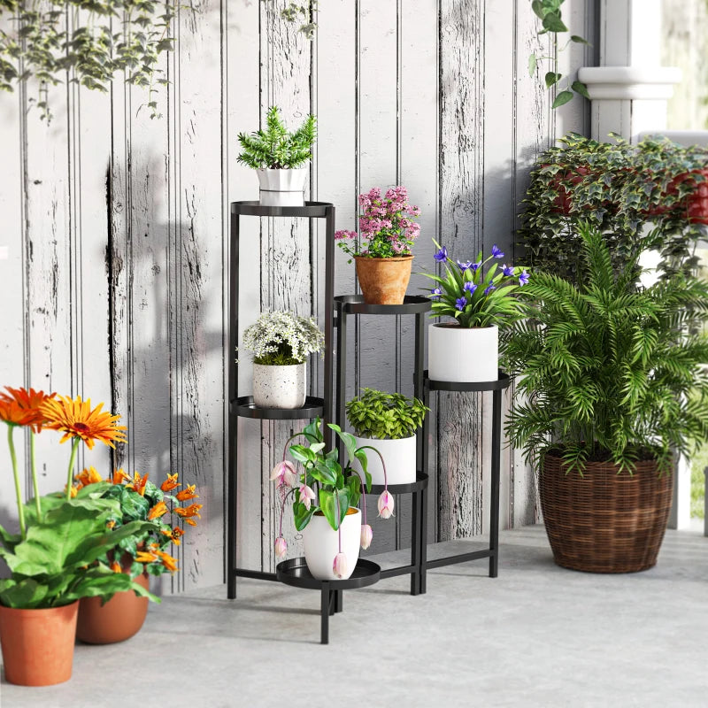 3 Tier Foldable Black Metal Plant Stand - Indoor Outdoor Corner Flower Pot Holder for Patio, Garden, Balcony, Living Room