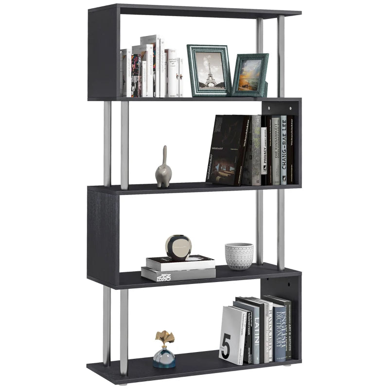 Modern S Shape Bookcase - 5 Tier Freestanding Bookshelf for Home Office, Study & Living Room - Black 80x30x145cm