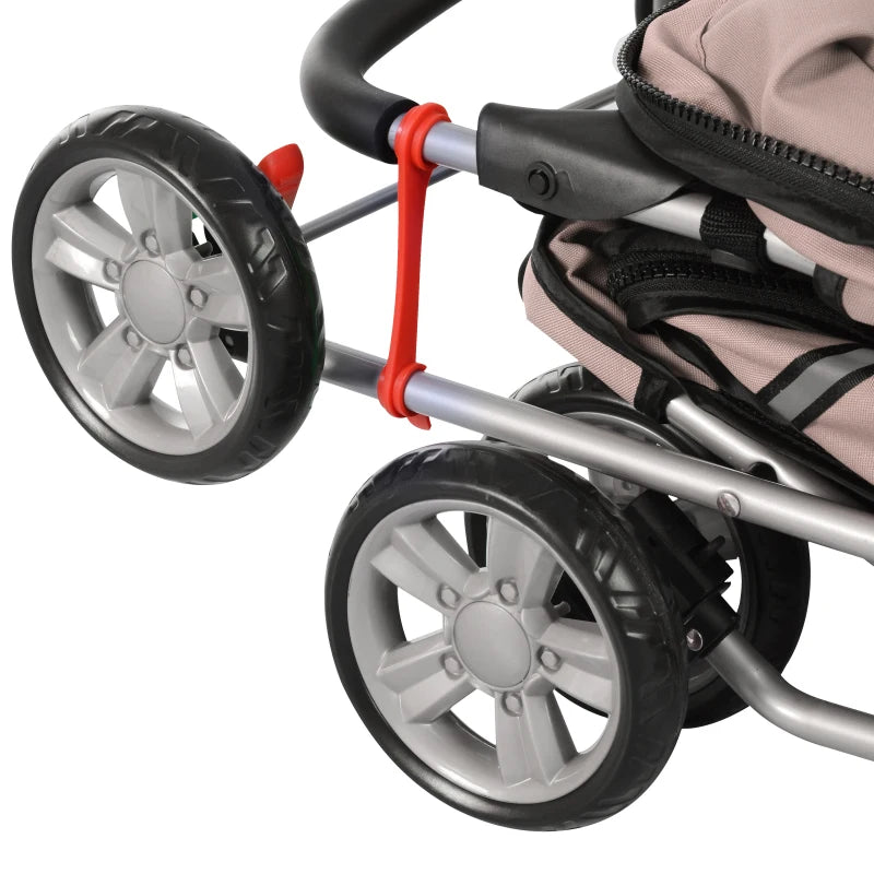Foldable Pet Stroller for Small Dogs & Cats - Travel Carriage with Wheels, Zipper Entry, Cup Holder & Storage Basket - Brown