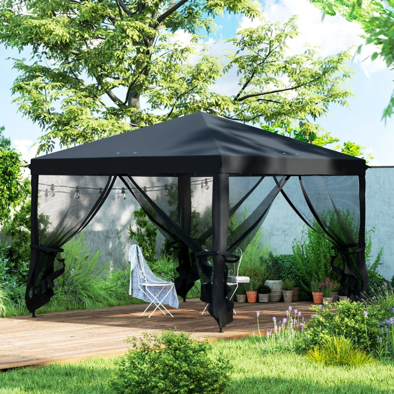 3m x 3m Black Pop Up Gazebo - 420D Garden Tent Canopy with Removable Mesh Sidewall Netting and Carry Bag for Outdoor Patio