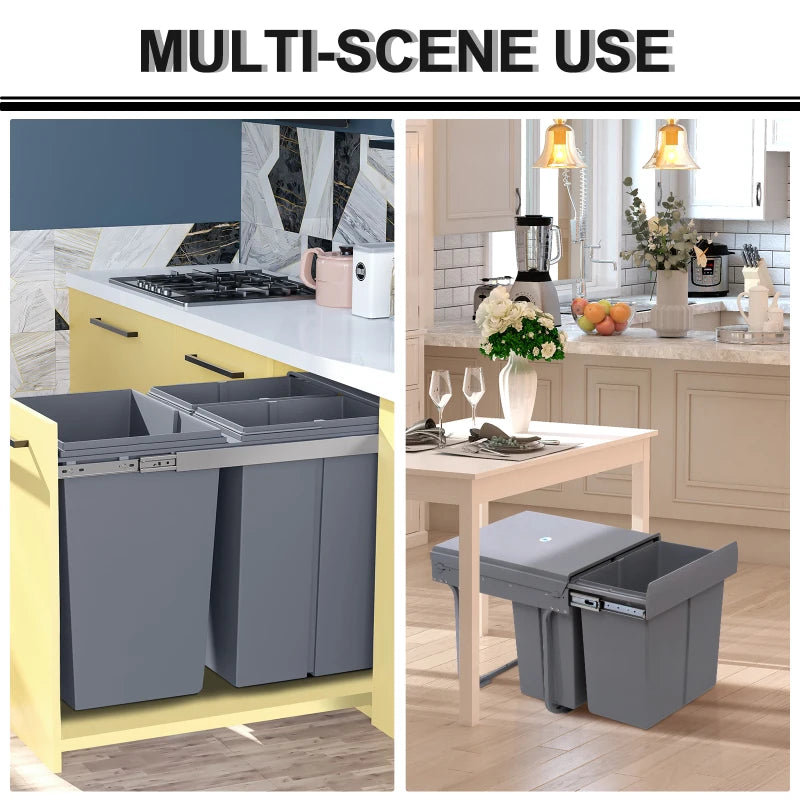 40L Pull Out Kitchen Recycling Bin with Soft Close - Grey Trash Can (1x20L + 2x10L) for Cabinets