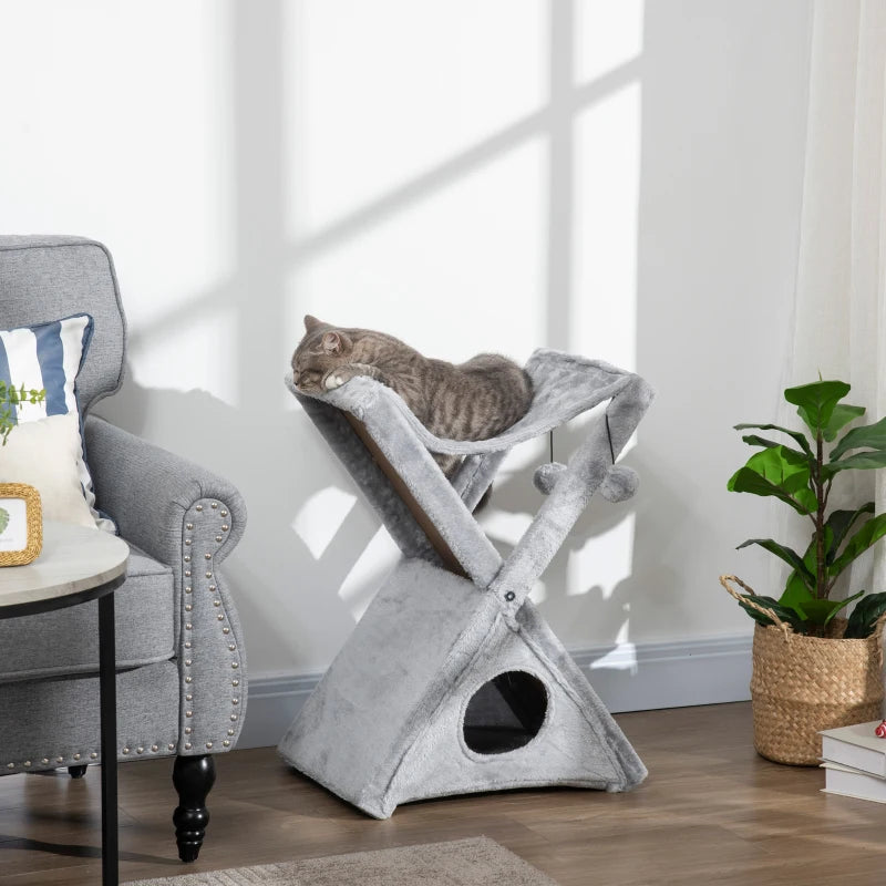 Two Tier Cat Tree for Indoor Cats - Plush Folding Activity Tower with Scratching Post, Hammock & Pom Poms - Grey