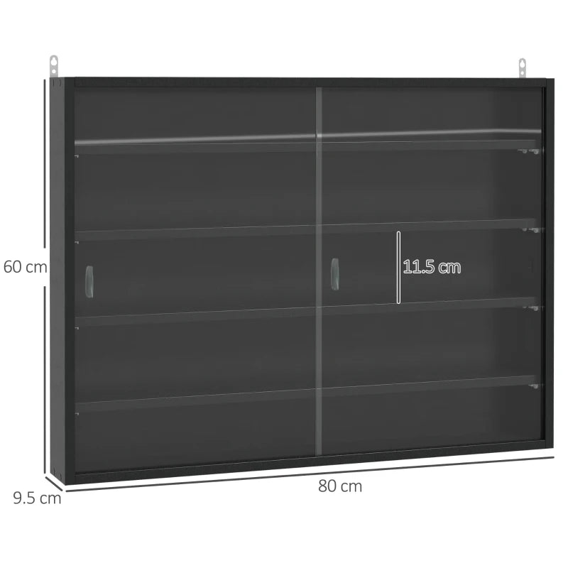 5-Tier Adjustable Wall Display Shelf Unit with Glass Doors - Black Cabinet for Home Office Ornaments, 60x80cm