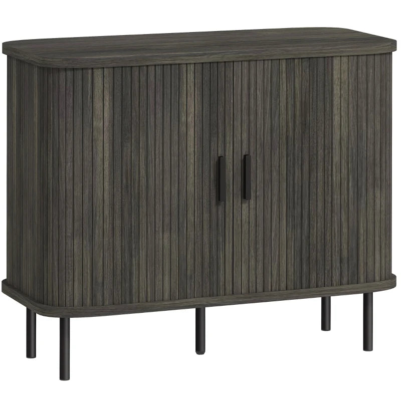 Mid-Century Modern Sideboard Storage Cabinet with Slatted Tambour Doors & Steel Legs - Stylish Grey Kitchen Cabinet