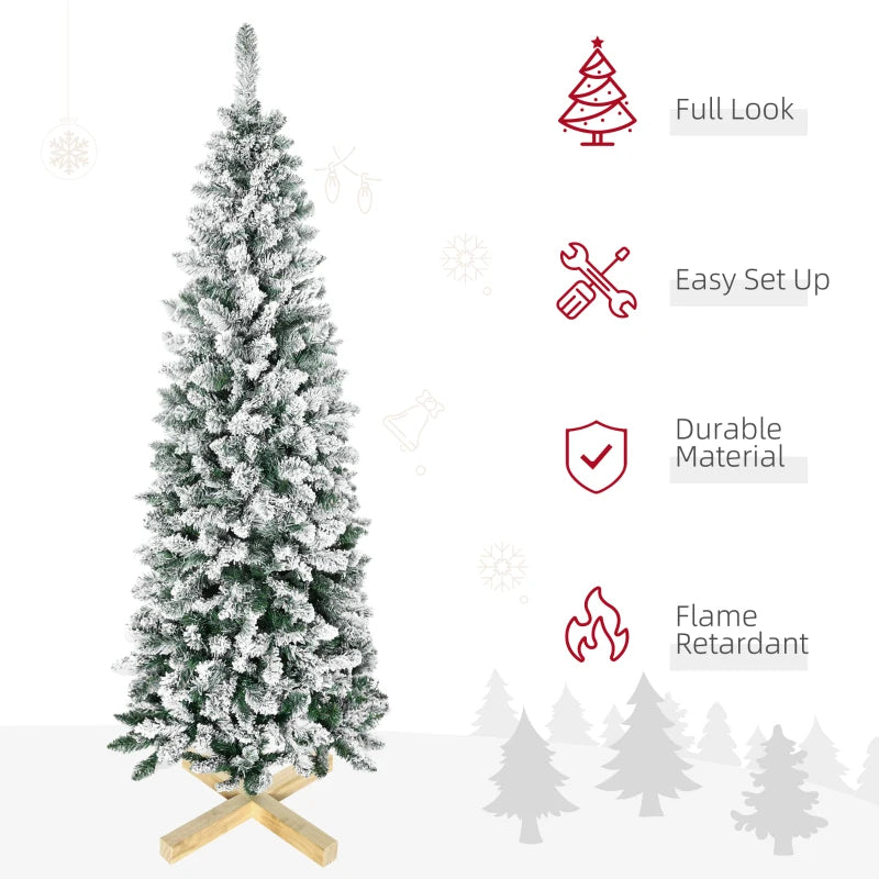 6 Ft Snow Flocked Artificial Christmas Tree - Realistic Pencil Tree with Auto Open & Pinewood Base - Green Xmas Decor