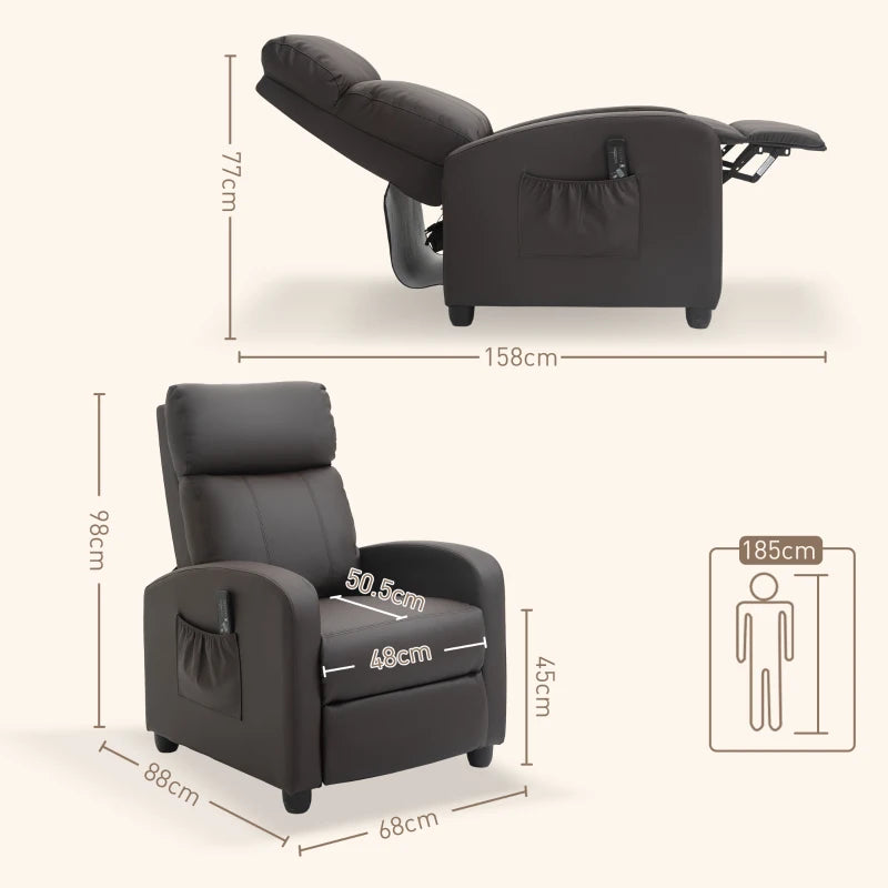 Massage Recliner Armchair in Faux Leather with Adjustable Leg Rest and Side Pocket for Living Room, Brown