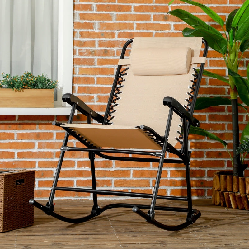 Beige Folding Rocking Zero Gravity Chair with Headrest