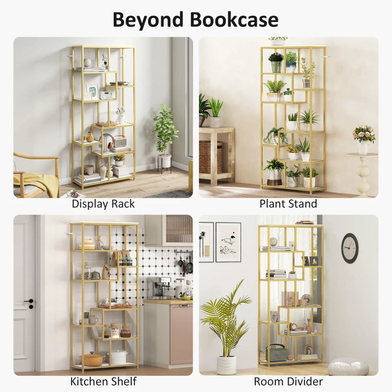 Unique Seven-Tier Geometric Bookcase in White and Gold Tone - Stylish Storage Solution for Modern Home Decor