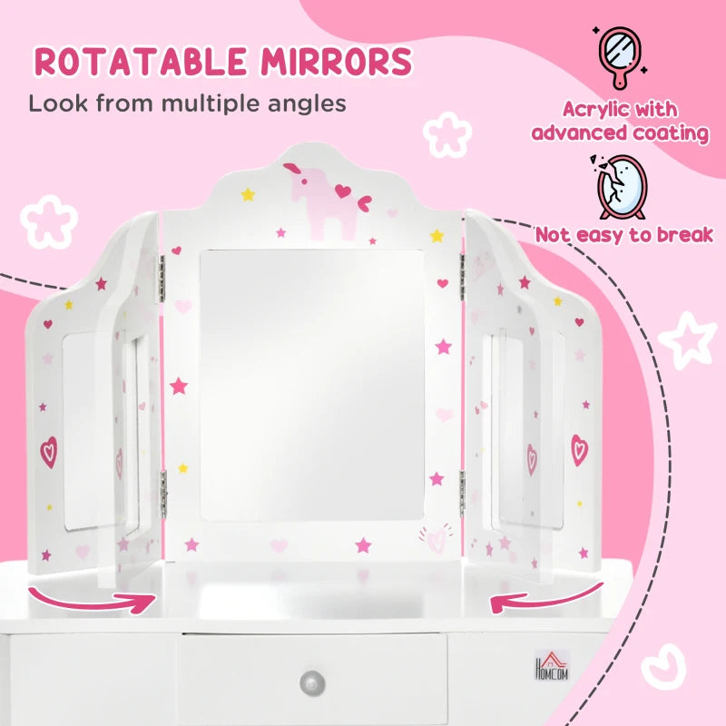 Kids Vanity Table Set with Tri-Folding Mirror and Stool Makeup Dressing Table with Drawer White
