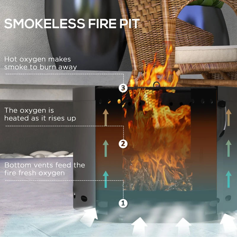 Portable 38cm Dark Grey Smokeless Fire Pit with Spark Screen and Poker - Low Smoke Wood Burning Bonfire Stove for Garden, Patio, and Picnic