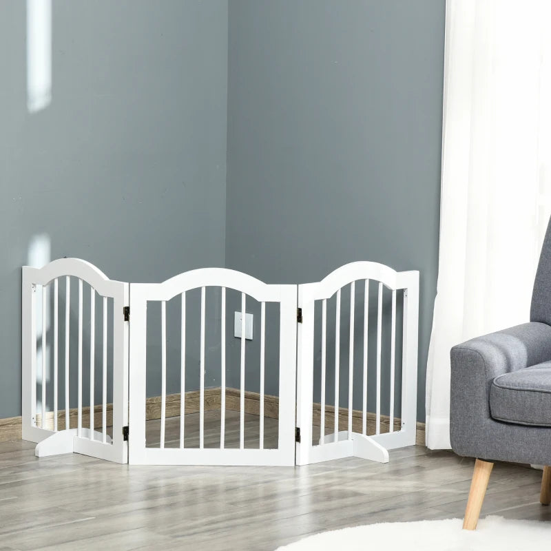 Freestanding 3 Panels Dog Gate with Support Feet - White Wooden Safety Barrier for Pets