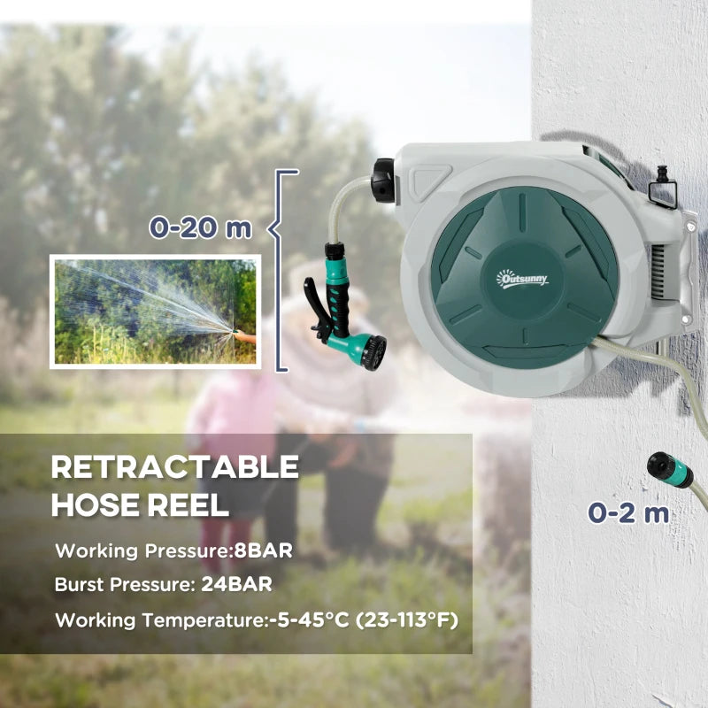 Retractable Wall-Mounted Hose Reel with 7-in-one Spray Nozzle