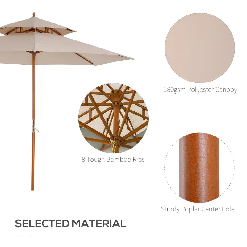 Beige Double Tier Bamboo Garden Parasol Umbrella
