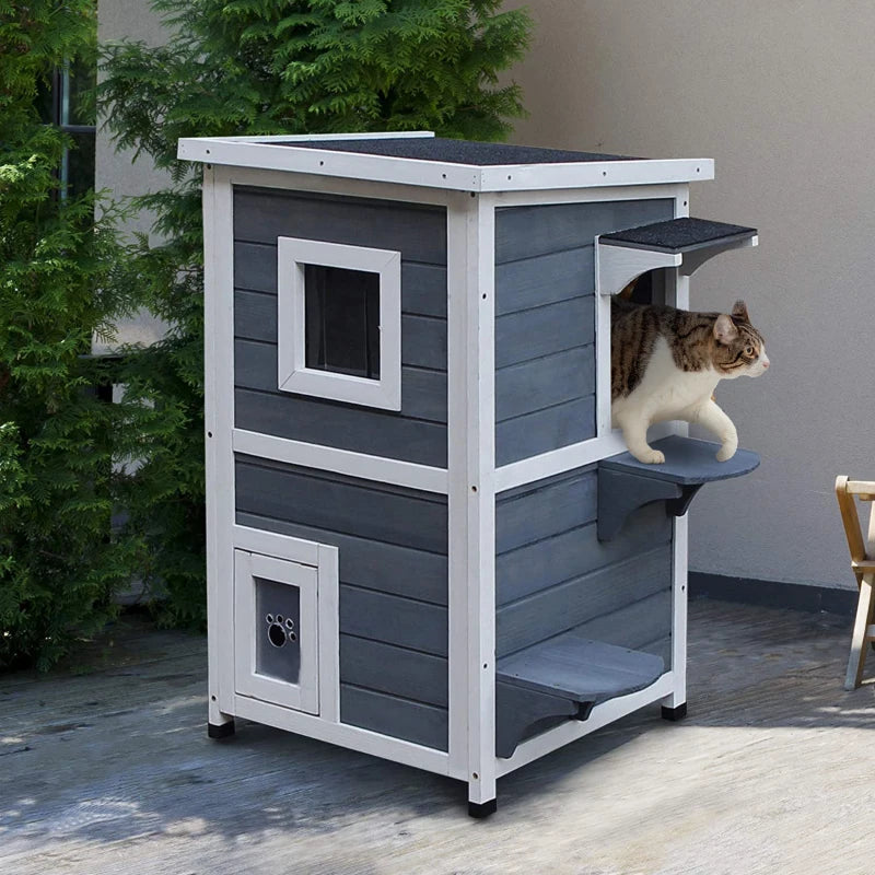 Wooden Cat House - 2-Floor Outdoor Kitten Shelter with Window - Stylish Grey Design for Cats and Kittens