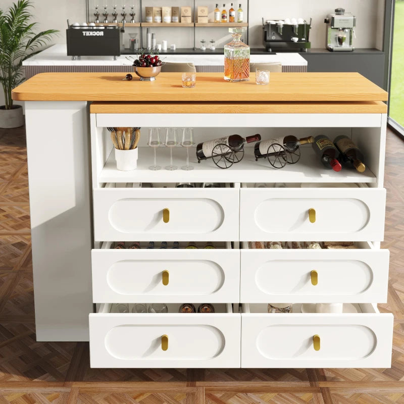 360° Rotating Bar Table with Side Table & Spice Rack - Extendable Kitchen Island with 6 Drawers, White, 137x39x90 cm
