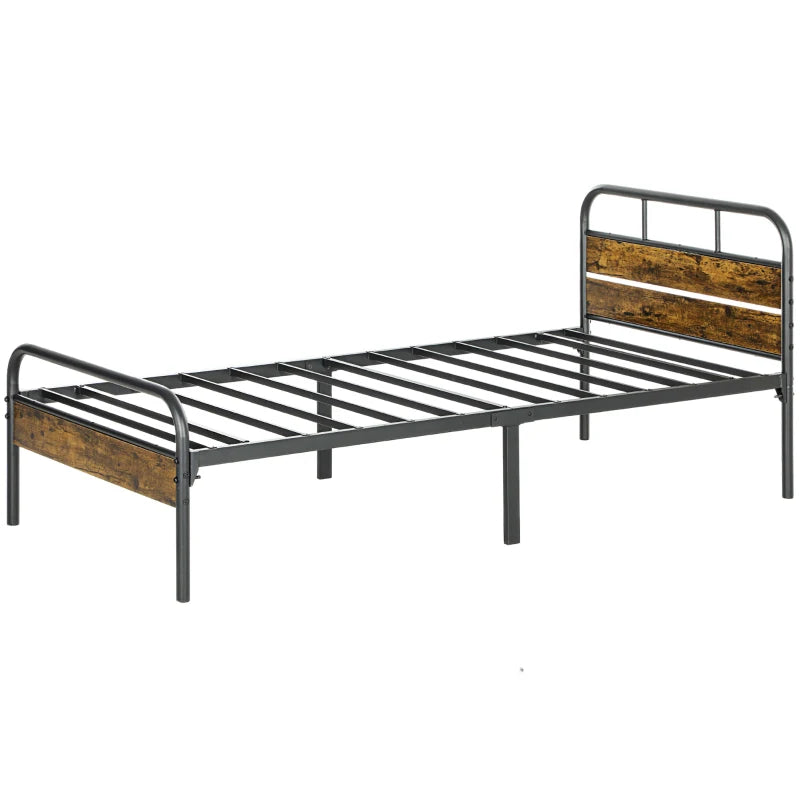 Industrial-Style Black and Brown Single Bed Frame - Sturdy Metal and Wood Design for Modern Bedrooms