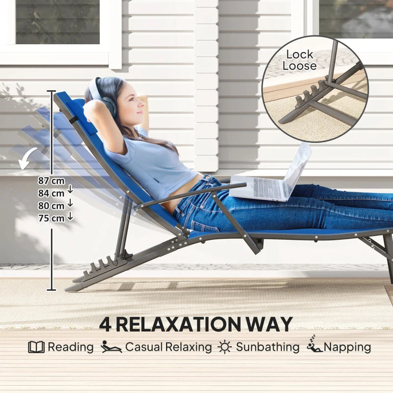 Set of 2 Blue Folding Sun Loungers - Adjustable 4 Position Outdoor Chaise Lounge Chairs with Armrests and Pillows, Steel Frame Sunbed Recliners for Garden, Patio, Beach and Poolside