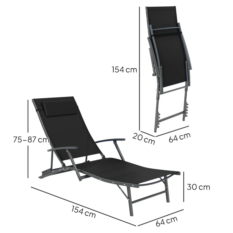 Set of 2 Adjustable Folding Sun Loungers - Black Outdoor Chaise Lounge Chairs with Armrests and Pillows, 4 Positions, Steel Frame for Garden, Patio, Beach and Poolside