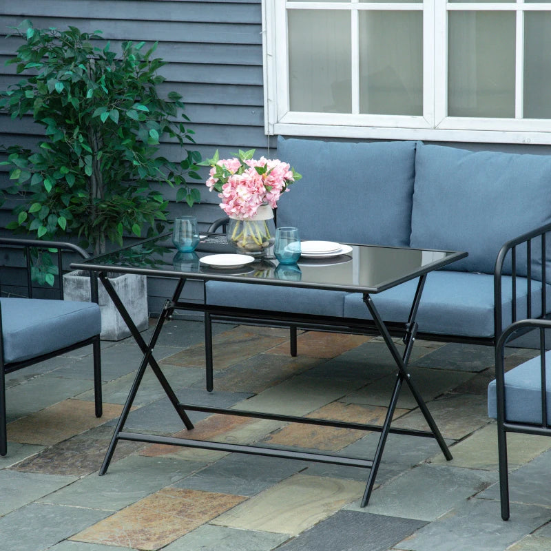 6-Person Black Glass Top Outdoor Dining Table with Parasol Hole