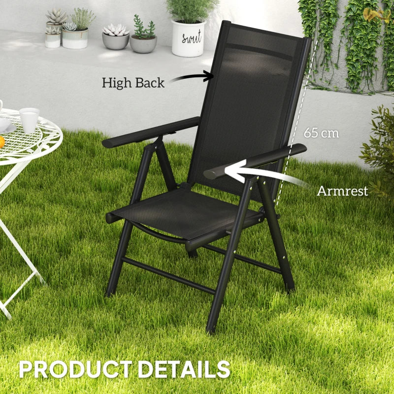 Set of 2 Black Folding Camping Chairs - Aluminium Frame with Breathable Mesh Back and Seat, Garden Armrest Chairs for Outdoor Balcony