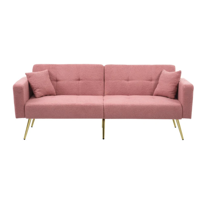 Adjustable Backrest Sofa Bed with Gold Legs and Side Pockets, Sherpa Fabric, Pink, 176L x 64W x 75H cm