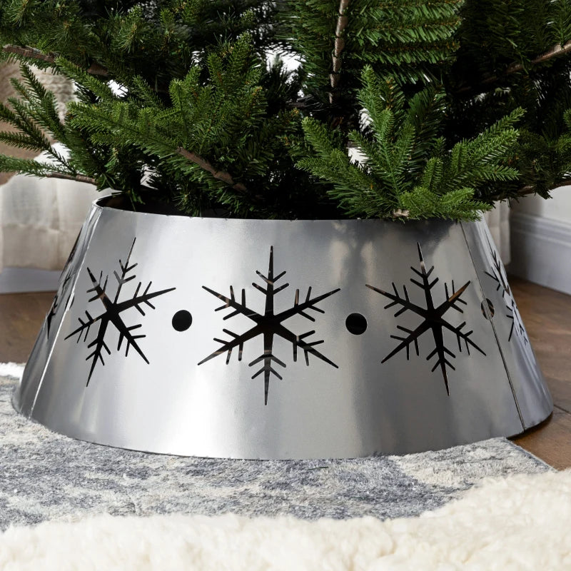 Silver Christmas Tree Collar - 66cm Base Cover with Hollow Snowflake Patterns for Holiday Party Home Decoration
