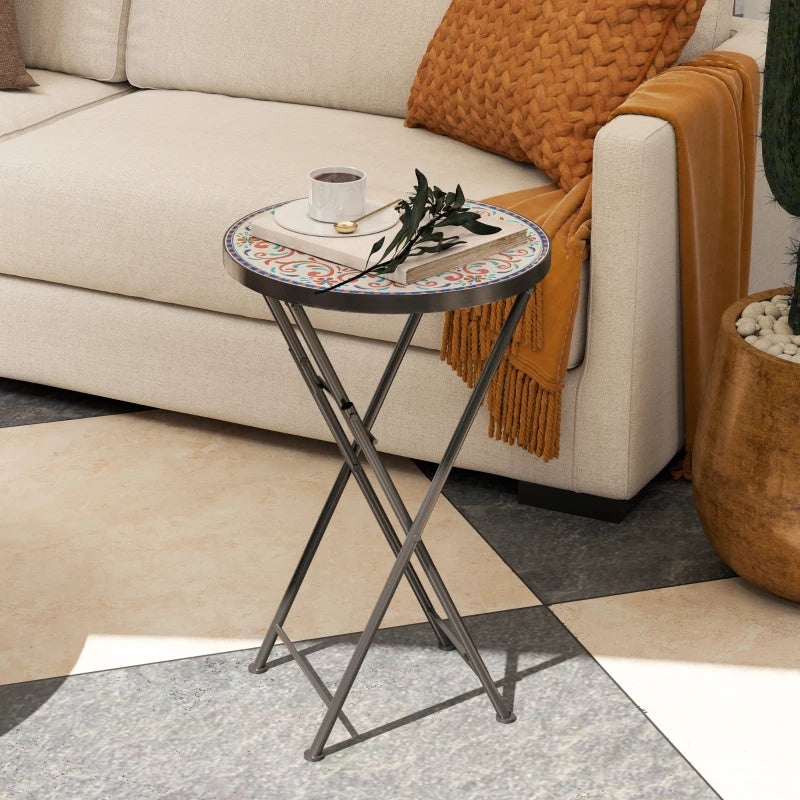 Mosaic Round Folding Garden Table, 35.5cm Metal Frame Coffee Table for Balcony, Multicolour